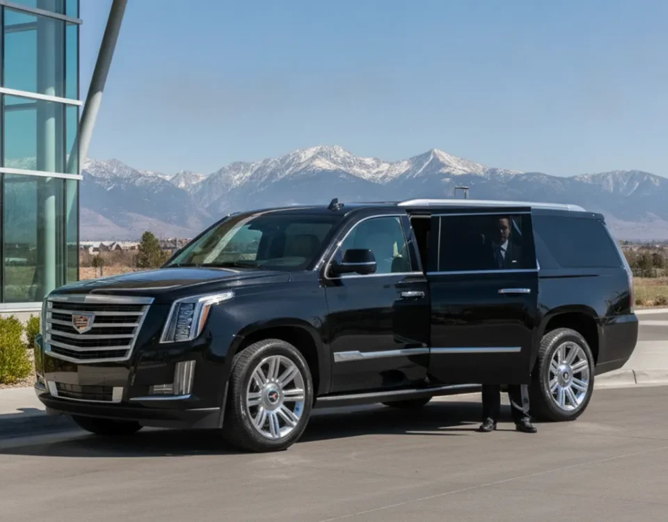 Black luxury SUV waiting beside a modern Commerce City venue