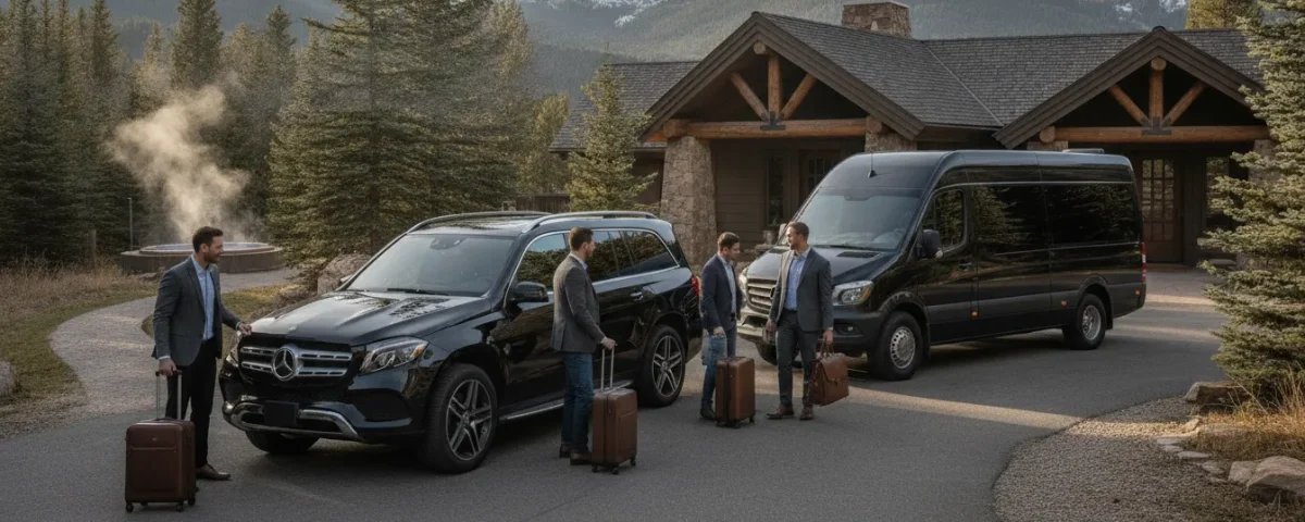 Luxury SUV and executive van at a Colorado mountain retreat