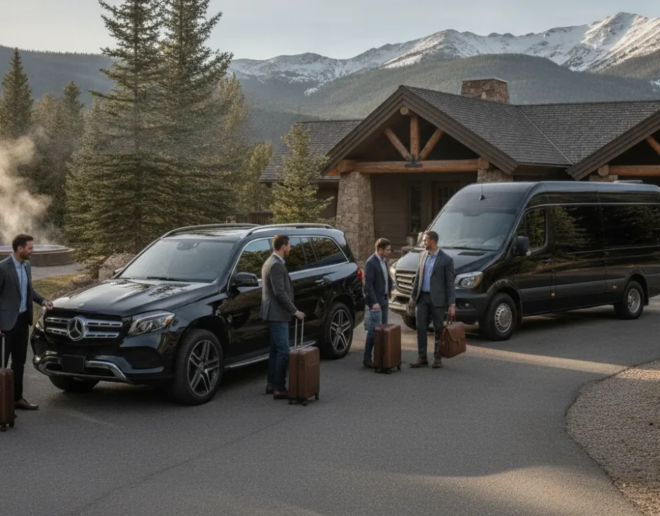 Luxury SUV and executive van at a Colorado mountain retreat