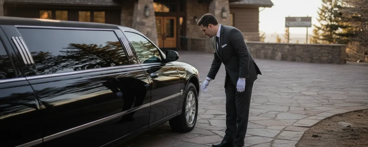 A chauffeur checking a black limousine before a Denver-area trip