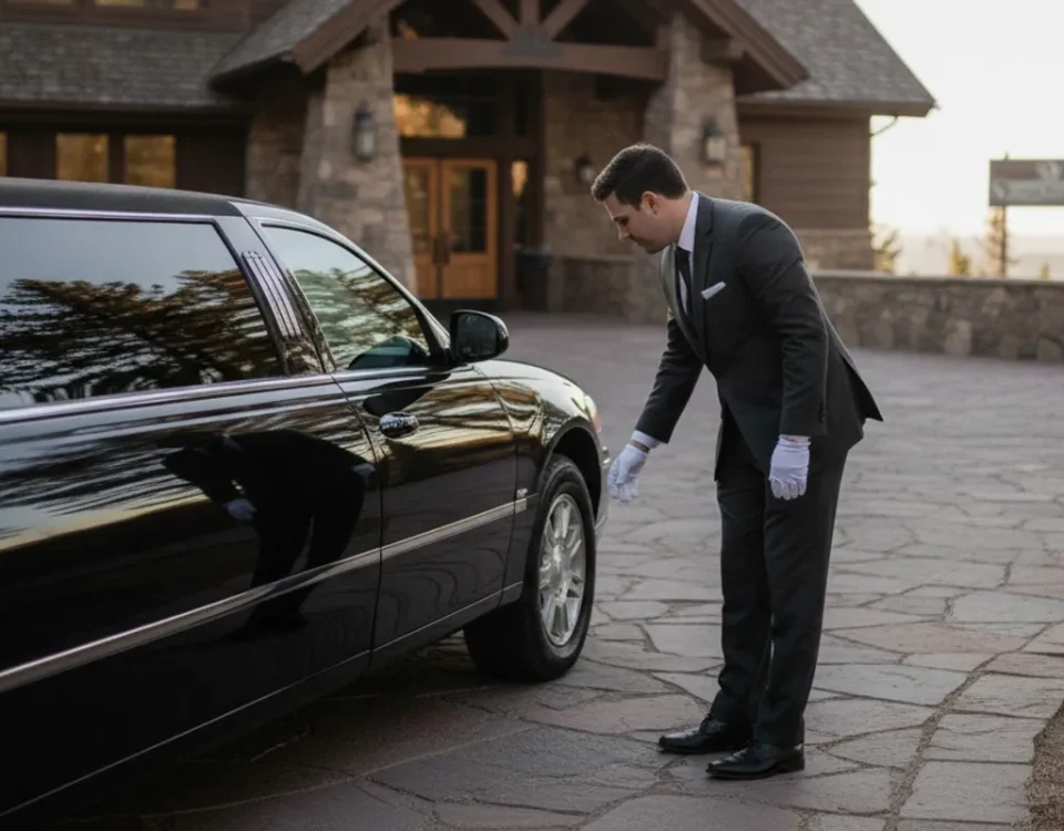 A chauffeur checking a black limousine before a Denver-area trip