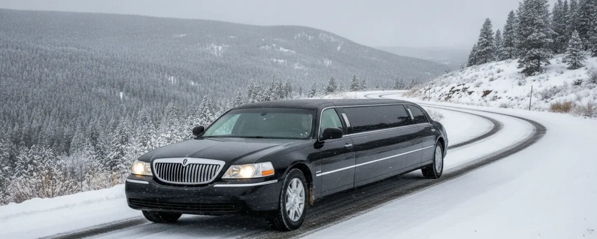 A black limousine traveling along a snow-dusted Colorado road