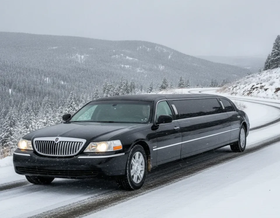 A black limousine traveling along a snow-dusted Colorado road
