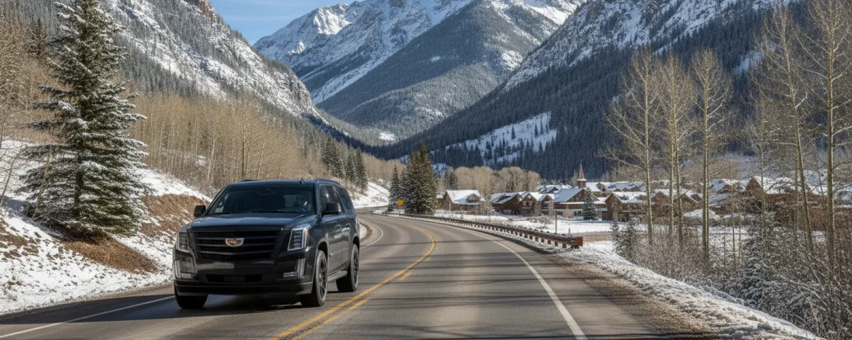 A black luxury SUV on a Colorado mountain road with distant peaks