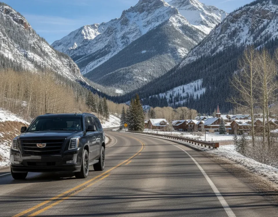A black luxury SUV on a Colorado mountain road with distant peaks