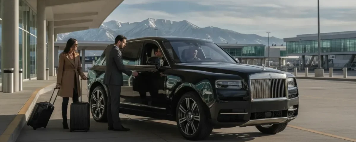 Travelers with luggage meeting a luxury SUV at a Colorado airport pickup area