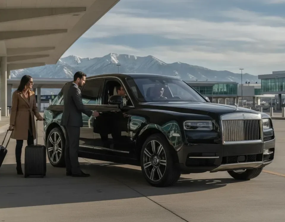 Travelers with luggage meeting a luxury SUV at a Colorado airport pickup area