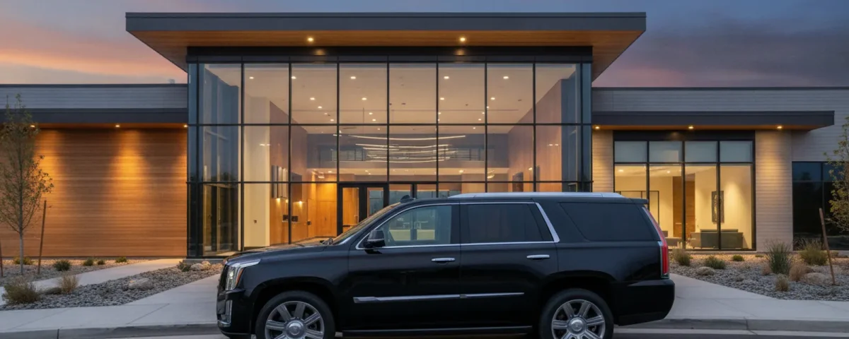A black luxury SUV parked outside an Englewood venue at dusk