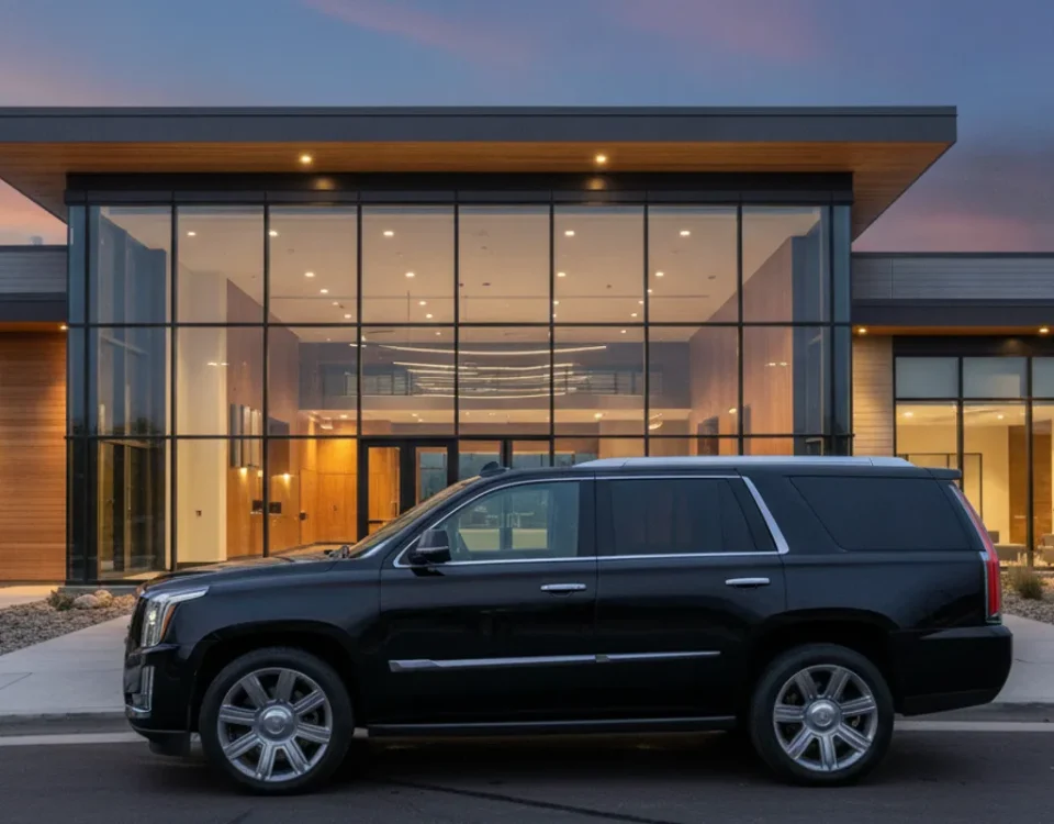 A black luxury SUV parked outside an Englewood venue at dusk