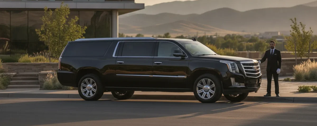 Black luxury SUV waiting curbside near a modern Centennial office building