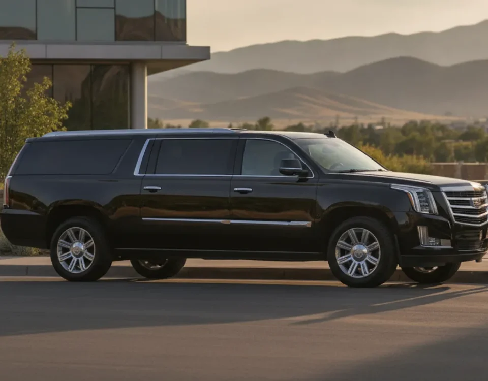 Black luxury SUV waiting curbside near a modern Centennial office building