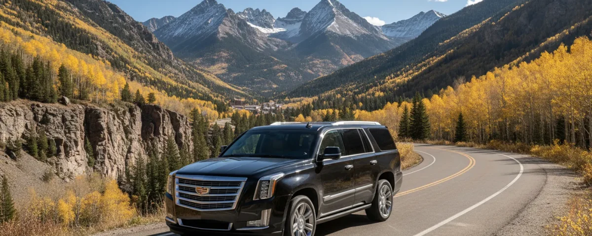 A black luxury SUV parked on a Colorado mountain road with peaks in the distance
