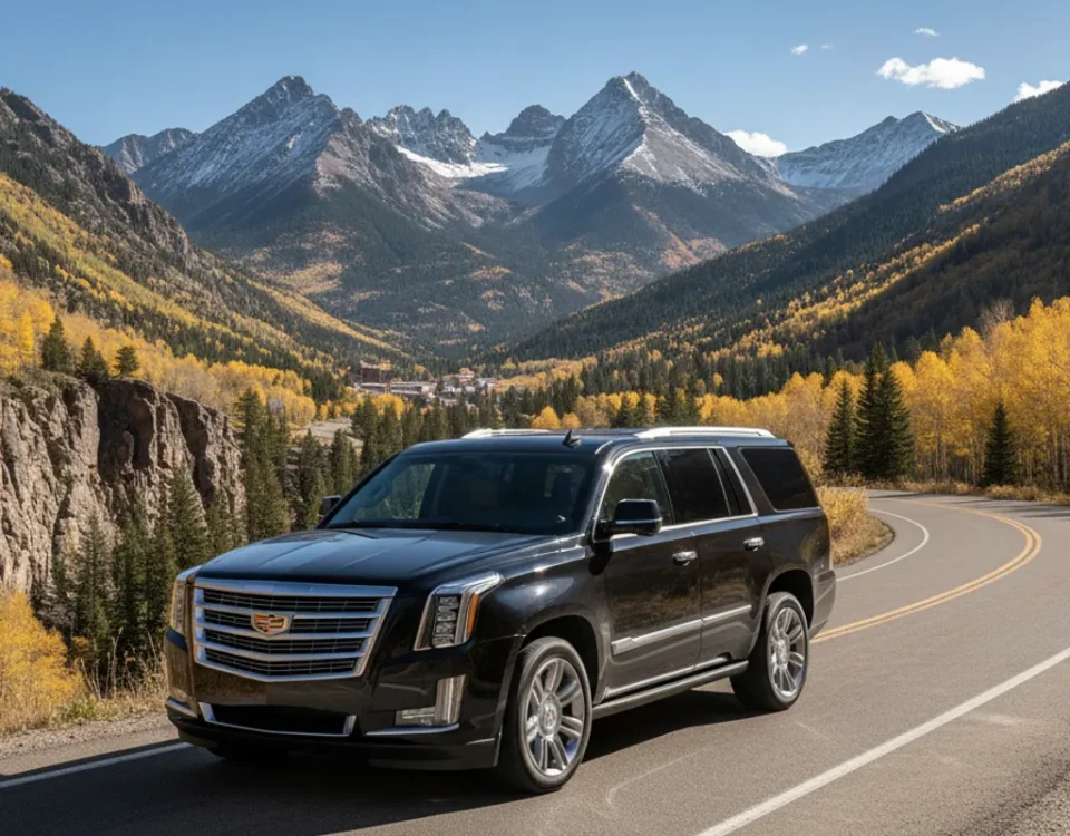 A black luxury SUV parked on a Colorado mountain road with peaks in the distance