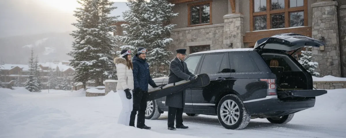 Chauffeur helping skiers unload gear beside a luxury SUV near a snowy mountain village