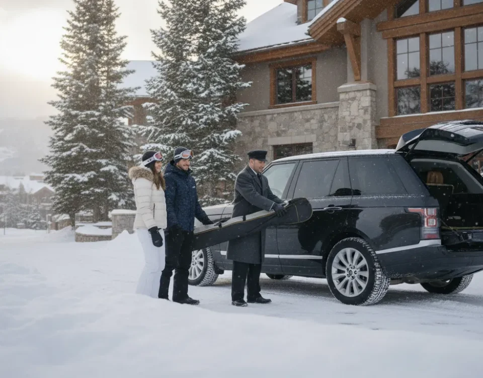 Chauffeur helping skiers unload gear beside a luxury SUV near a snowy mountain village