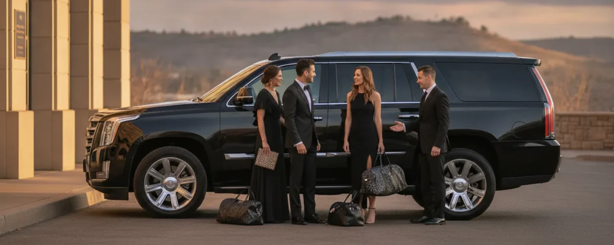 A black luxury SUV waiting outside a Littleton event venue as a small group approaches
