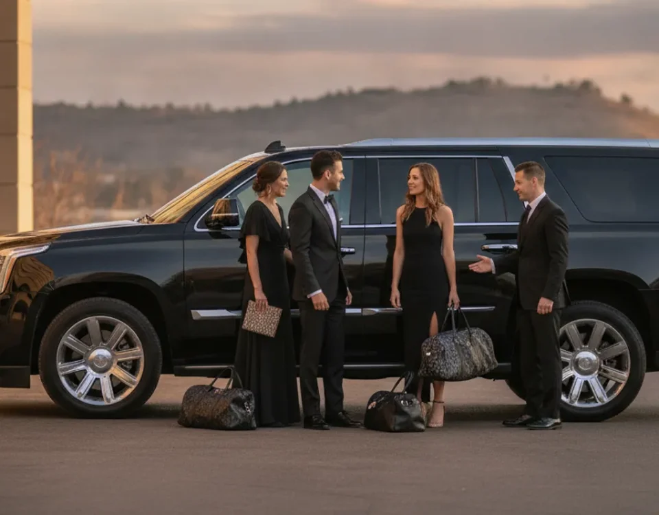 A black luxury SUV waiting outside a Littleton event venue as a small group approaches