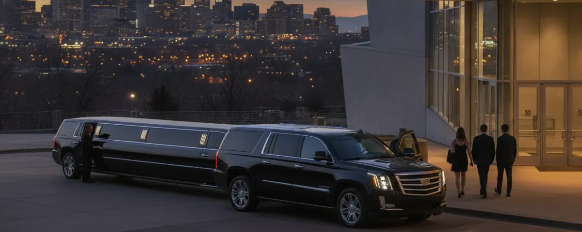 Luxury stretch limousine arriving with concertgoers at a Denver venue