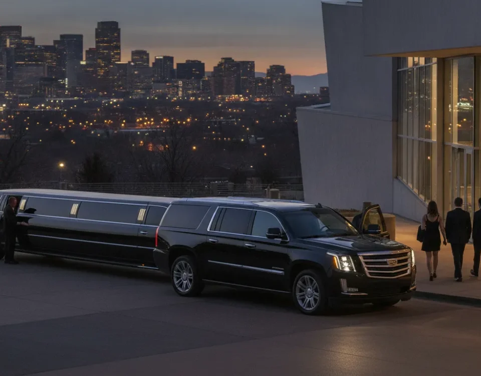 Luxury stretch limousine arriving with concertgoers at a Denver venue