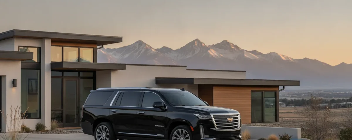 Black luxury SUV parked outside a modern Thornton-area home, ready for a private trip