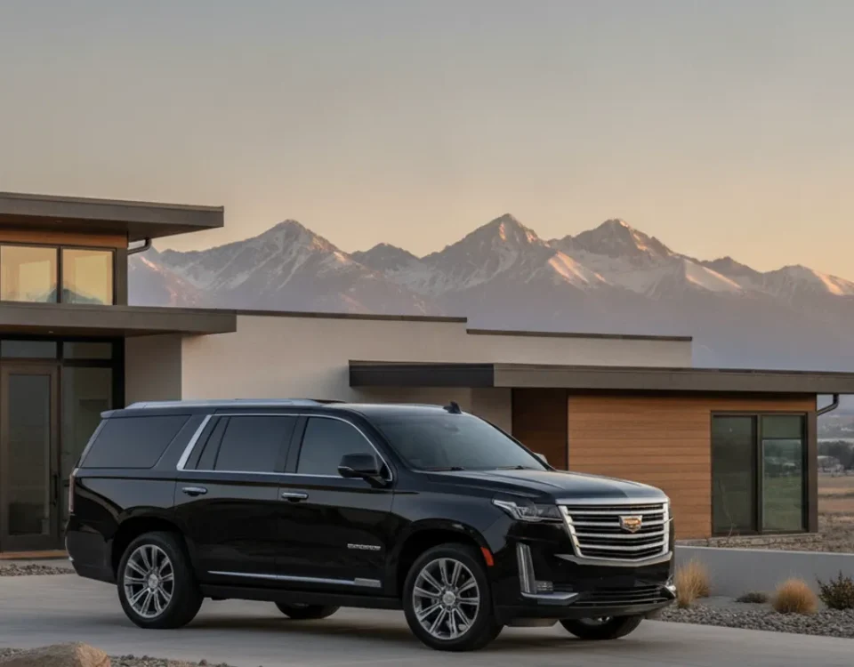 Black luxury SUV parked outside a modern Thornton-area home, ready for a private trip
